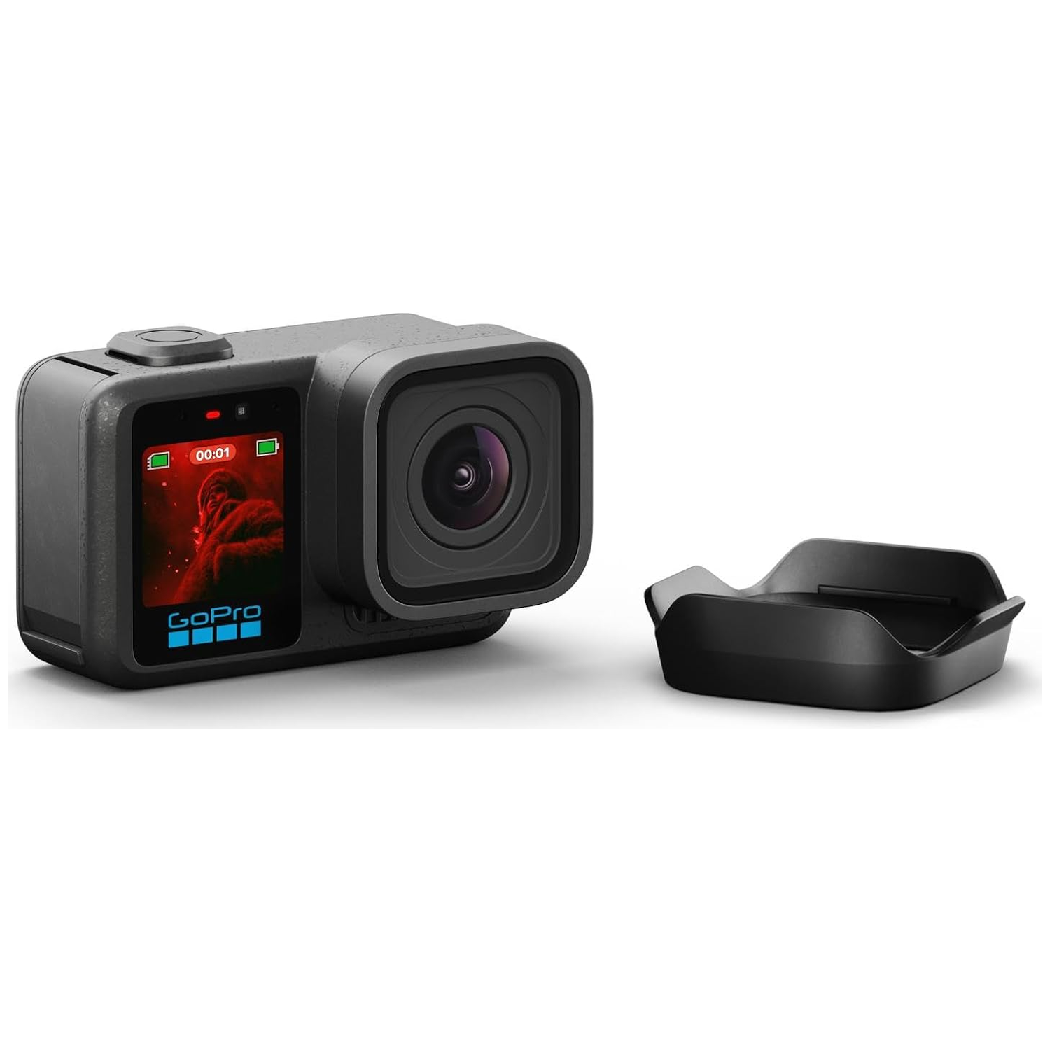 A black GoPro camera with a black lens cover next to it.