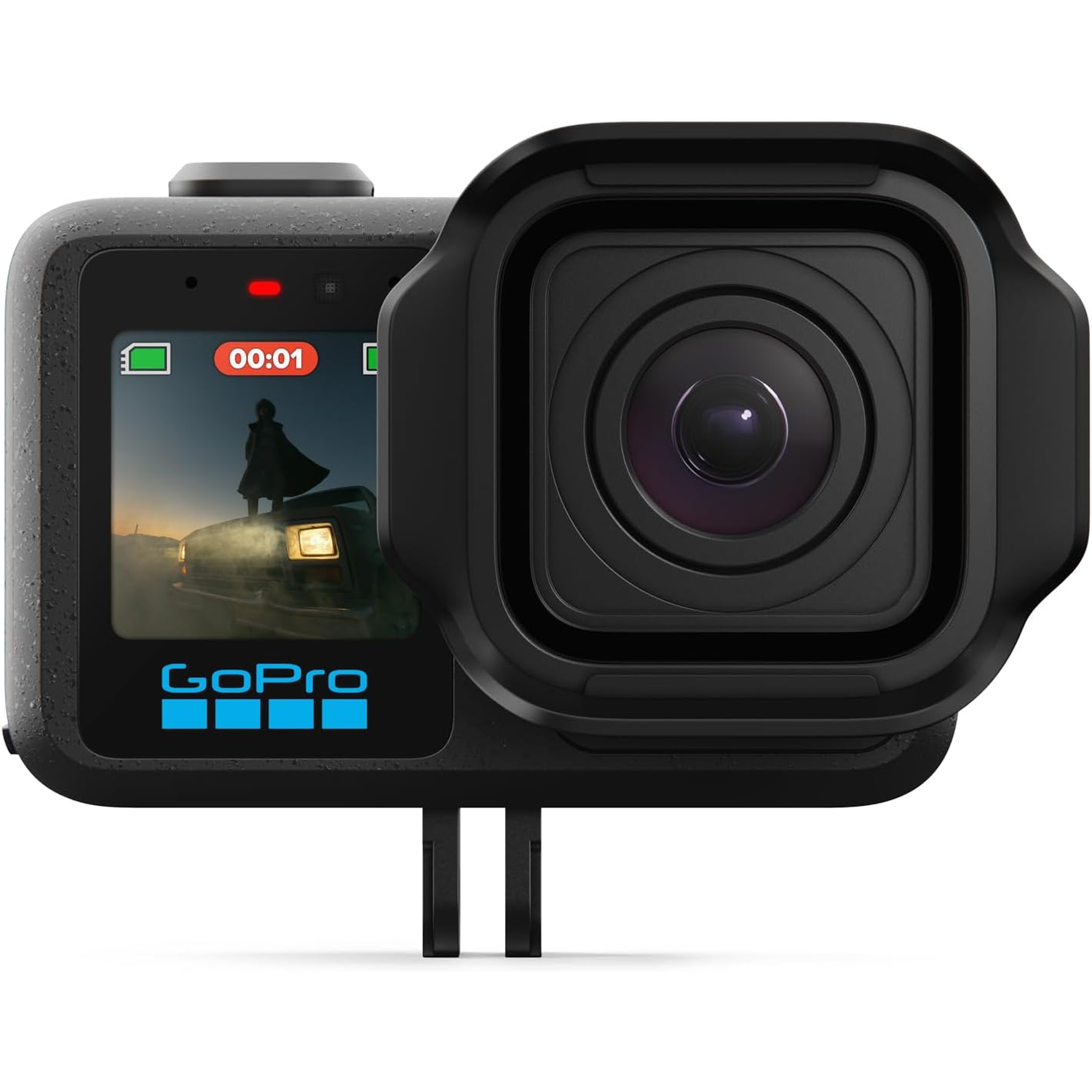 A black GoPro camera showing a screen image and its lens.