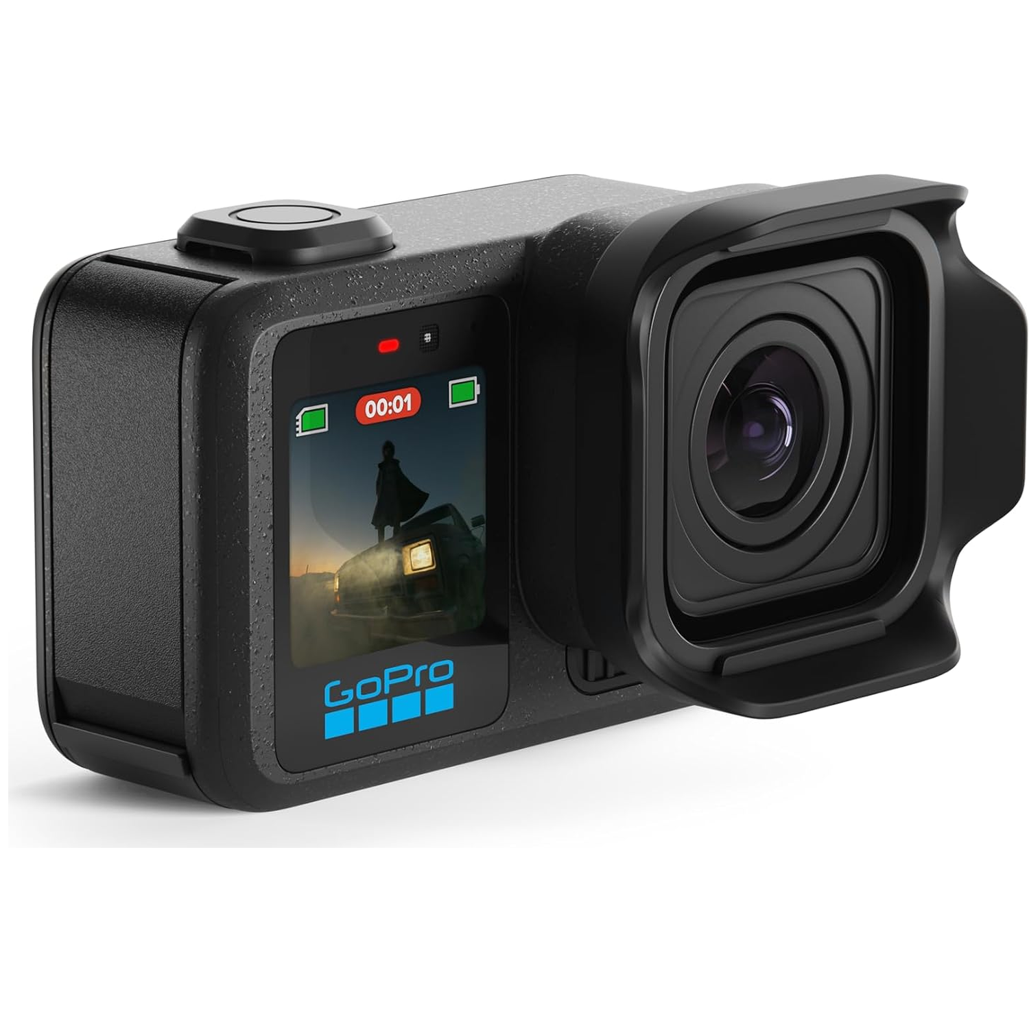 Black GoPro camera with lens cover and screen showing a car.