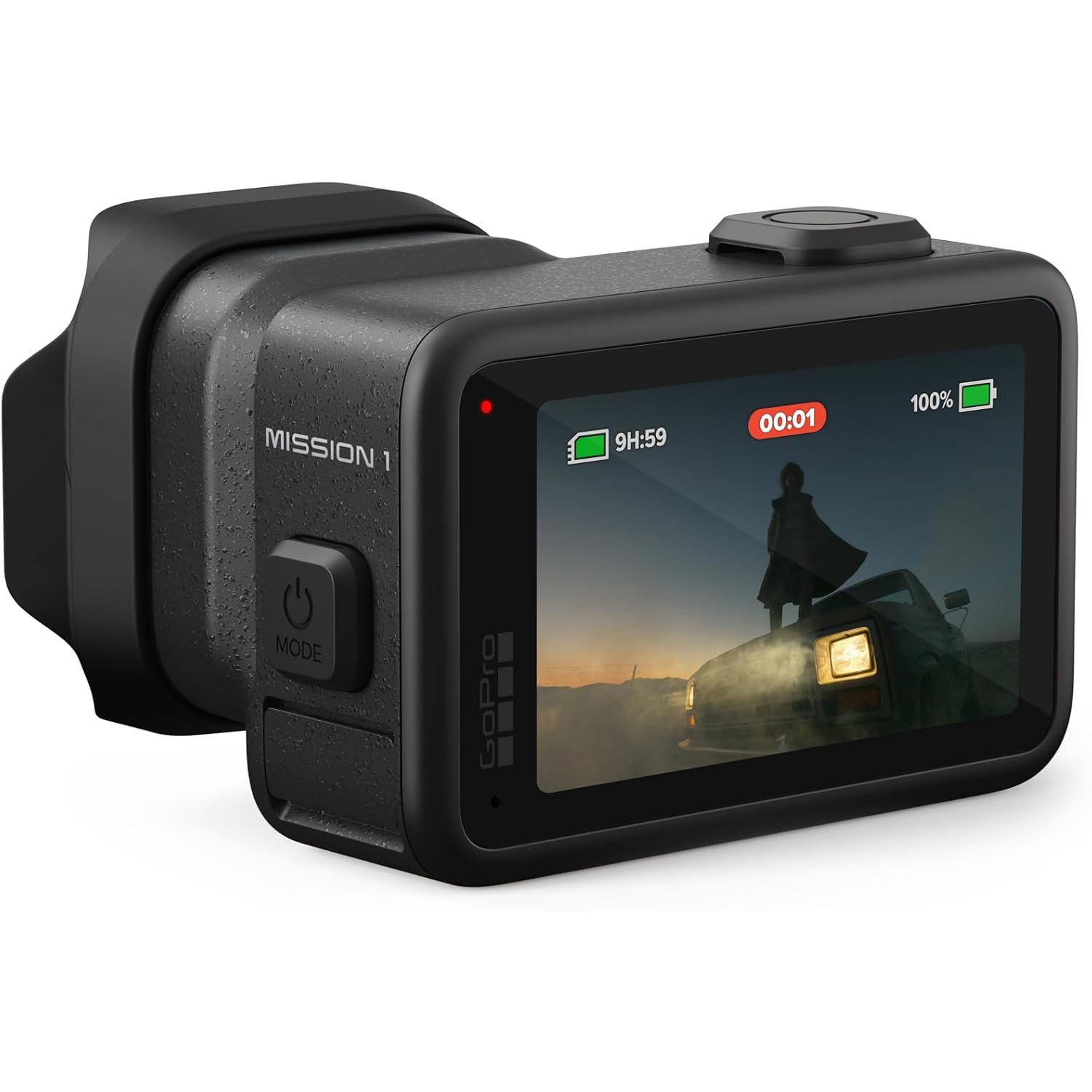 Black GoPro camera with screen showing a person on a vehicle in dust.