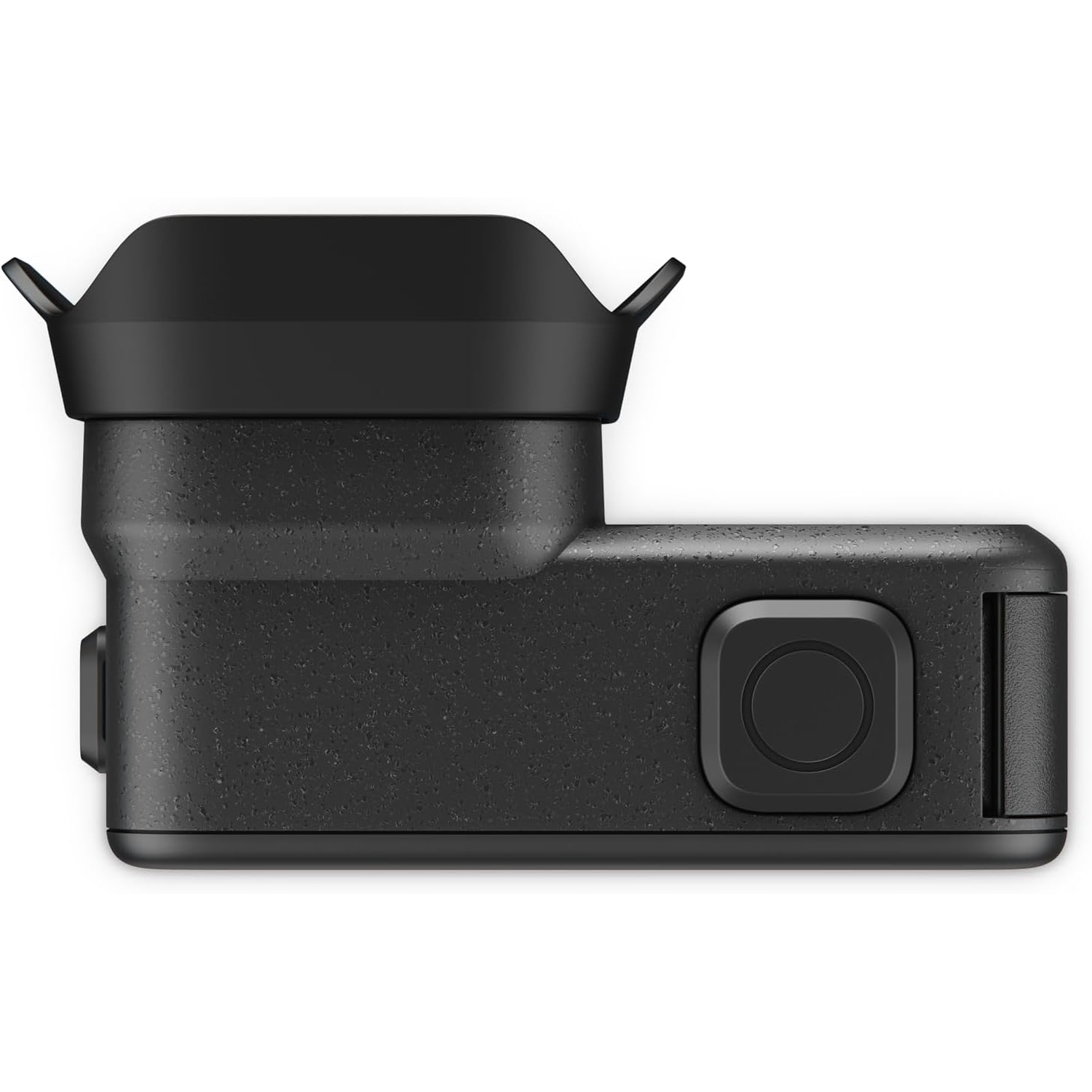 Black action camera with lens cover and a button on the side.