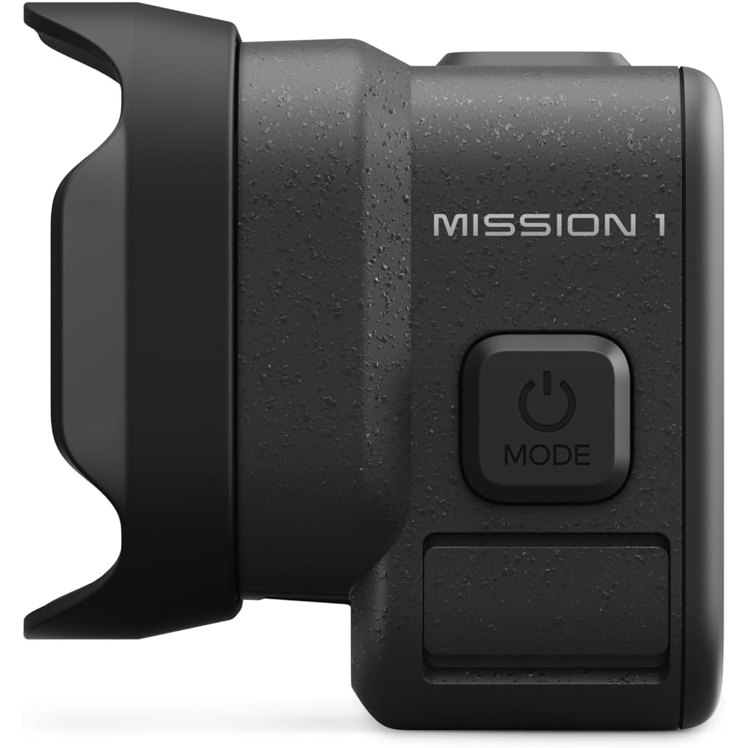 A black action camera with MISSION 1 printed and a mode button.
