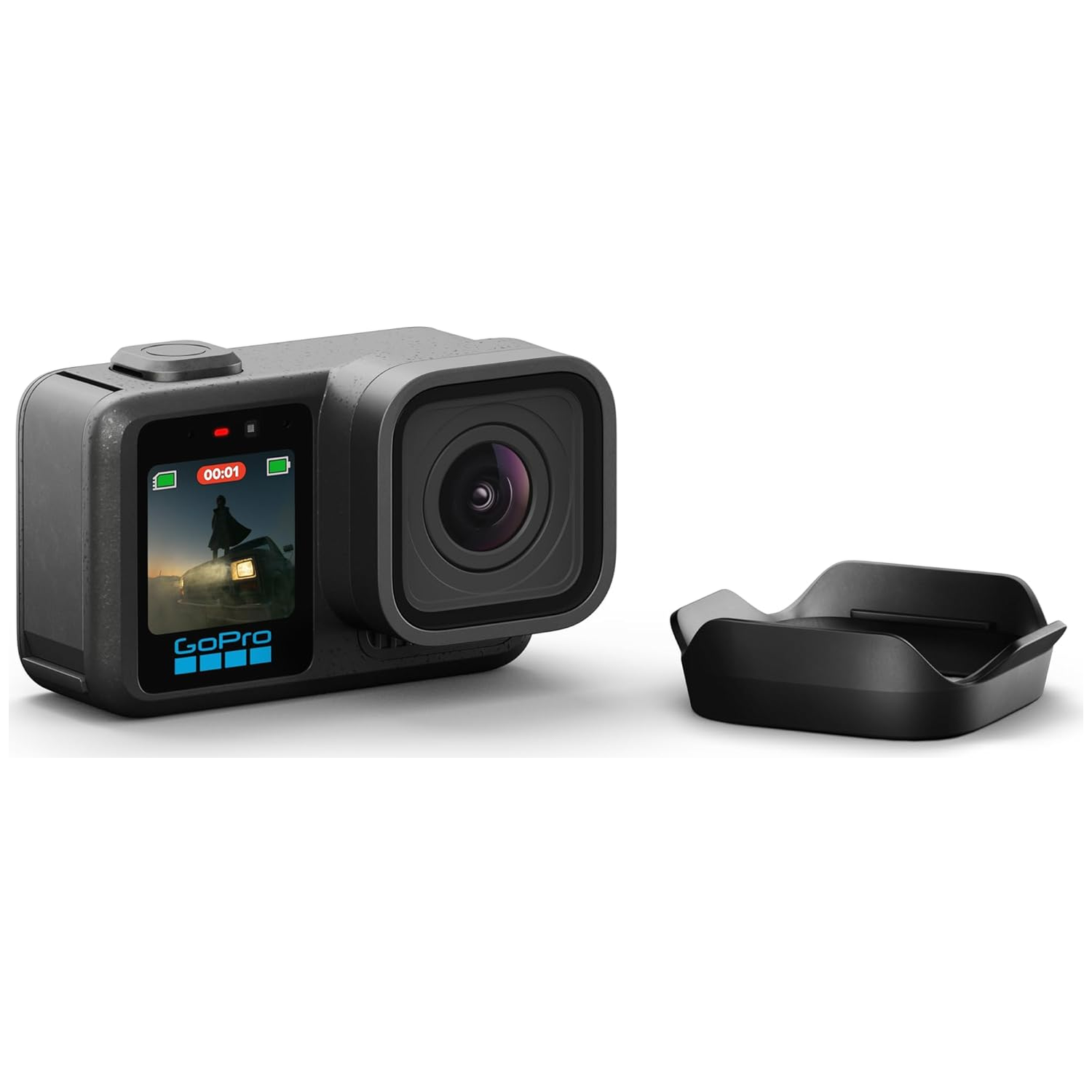 A black GoPro camera with an accessory on a white background.