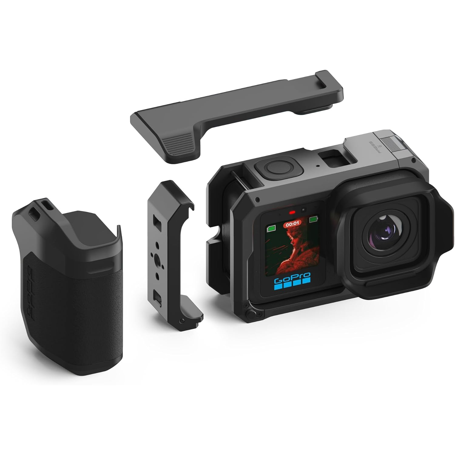 A black GoPro camera setup with a grip and mount.