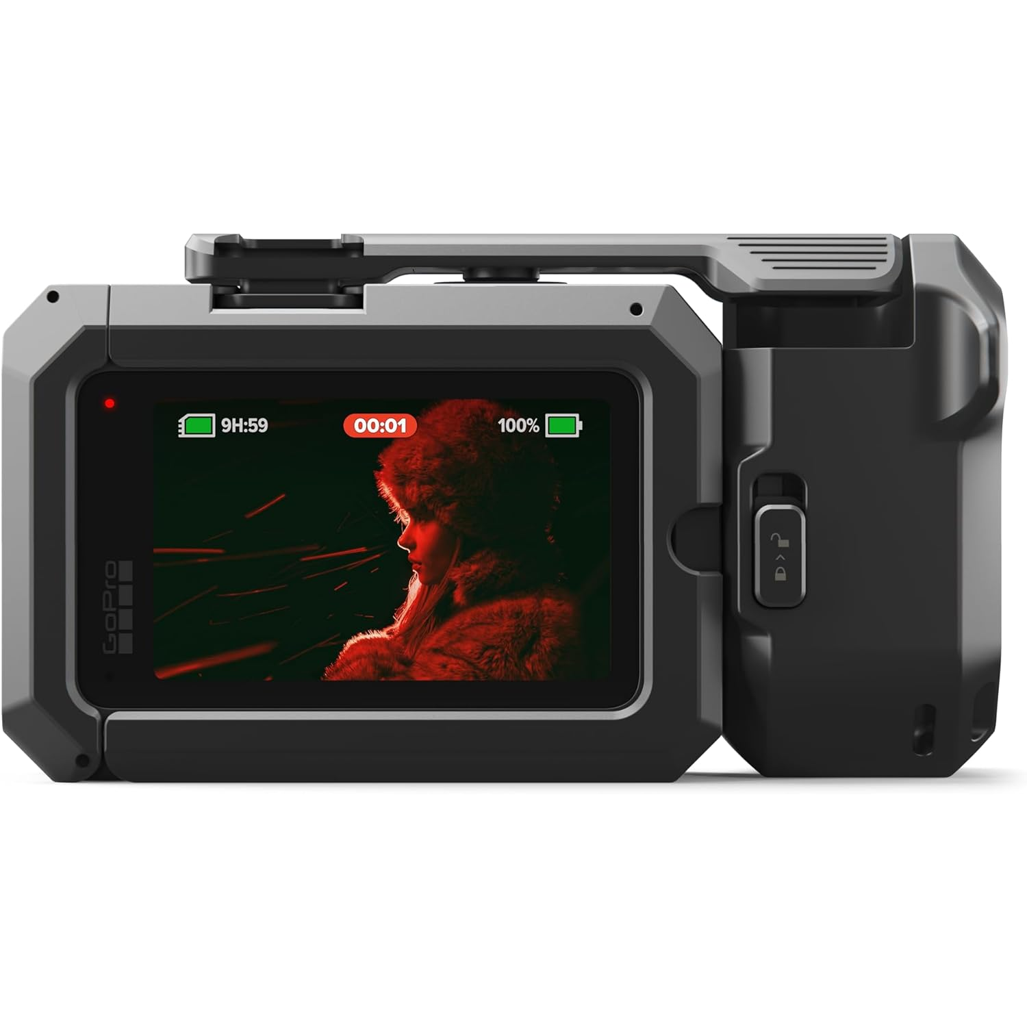 A GoPro camera displays a portrait of a woman in a fur collar on its screen.