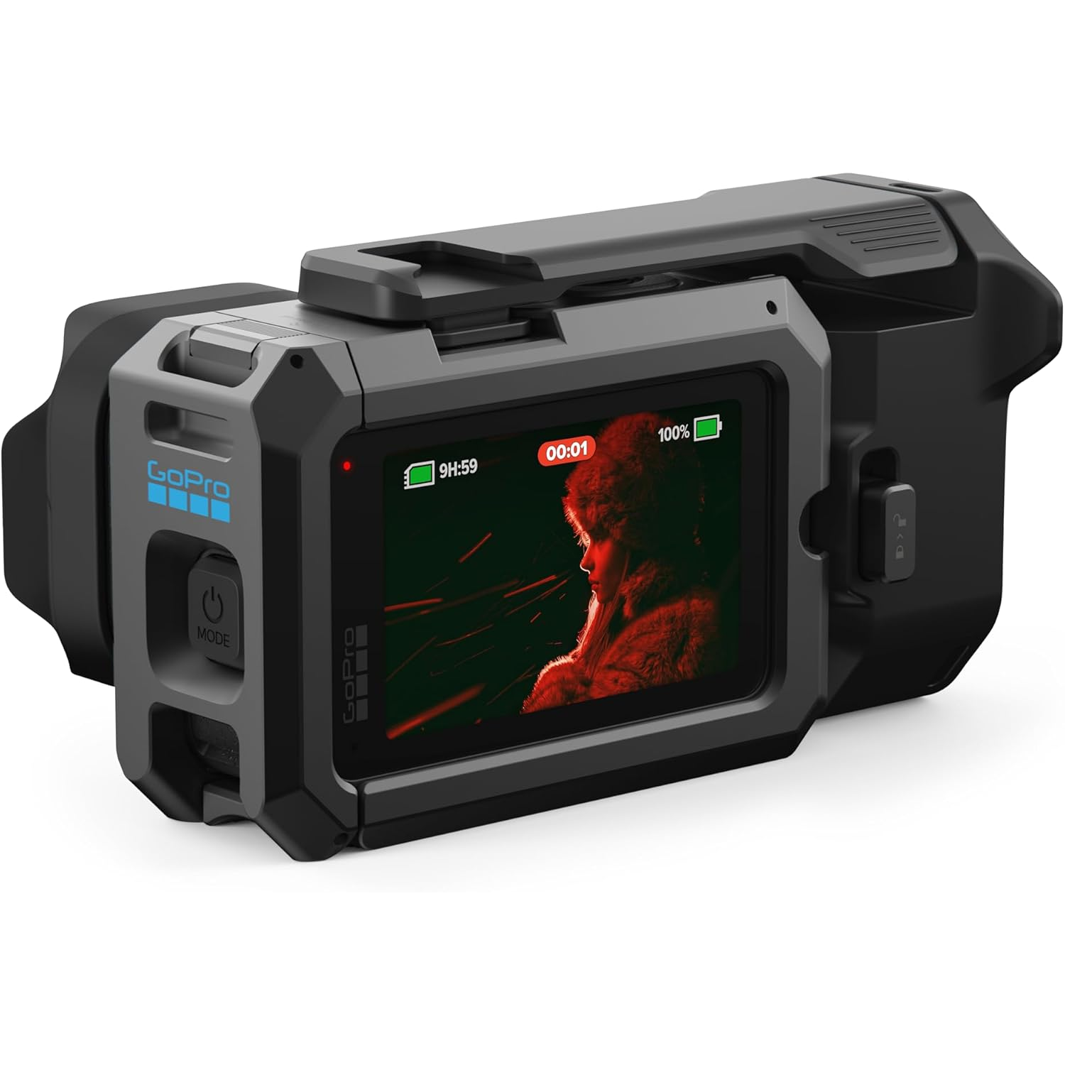 Gray GoPro camera with black housing, screen shows a person, red accents.