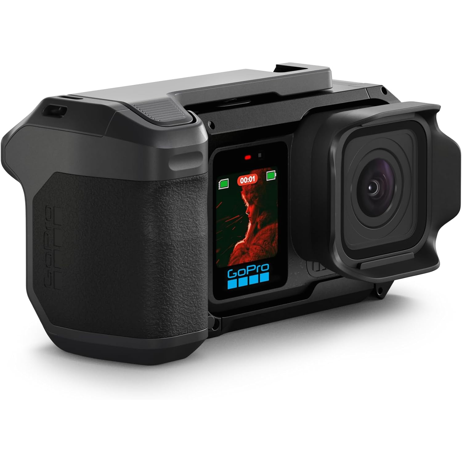 Black GoPro camera with lens and small screen displaying a person.