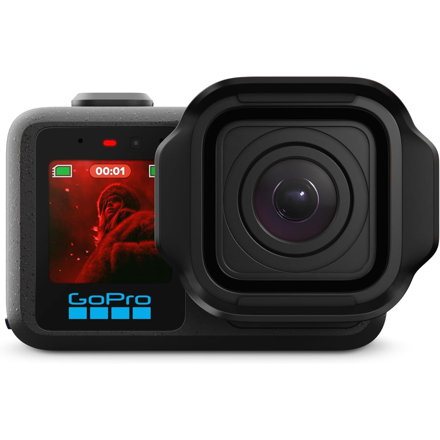 A black GoPro camera with a blue logo and a screen showing a monkey.