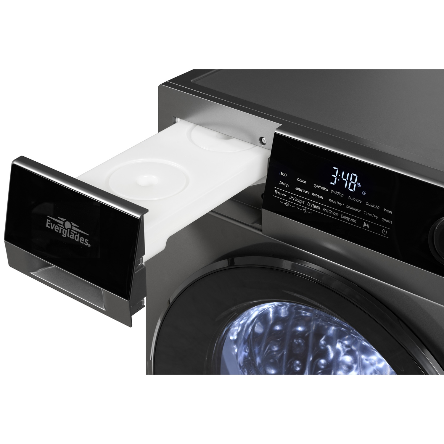 Een wasmachine met een uitgeschoven lade en een digitaal bedieningspaneel.