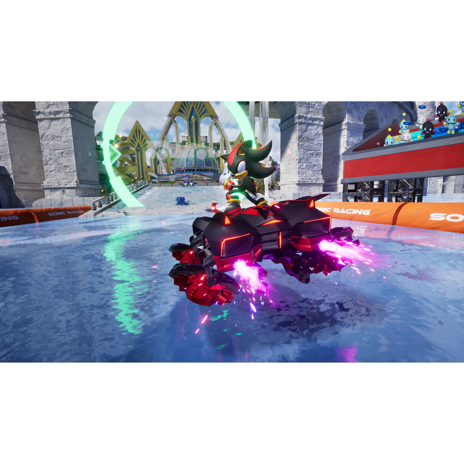 Shadow the Hedgehog bestuurt een rood en zwart voertuig op een racebaan met een boog.