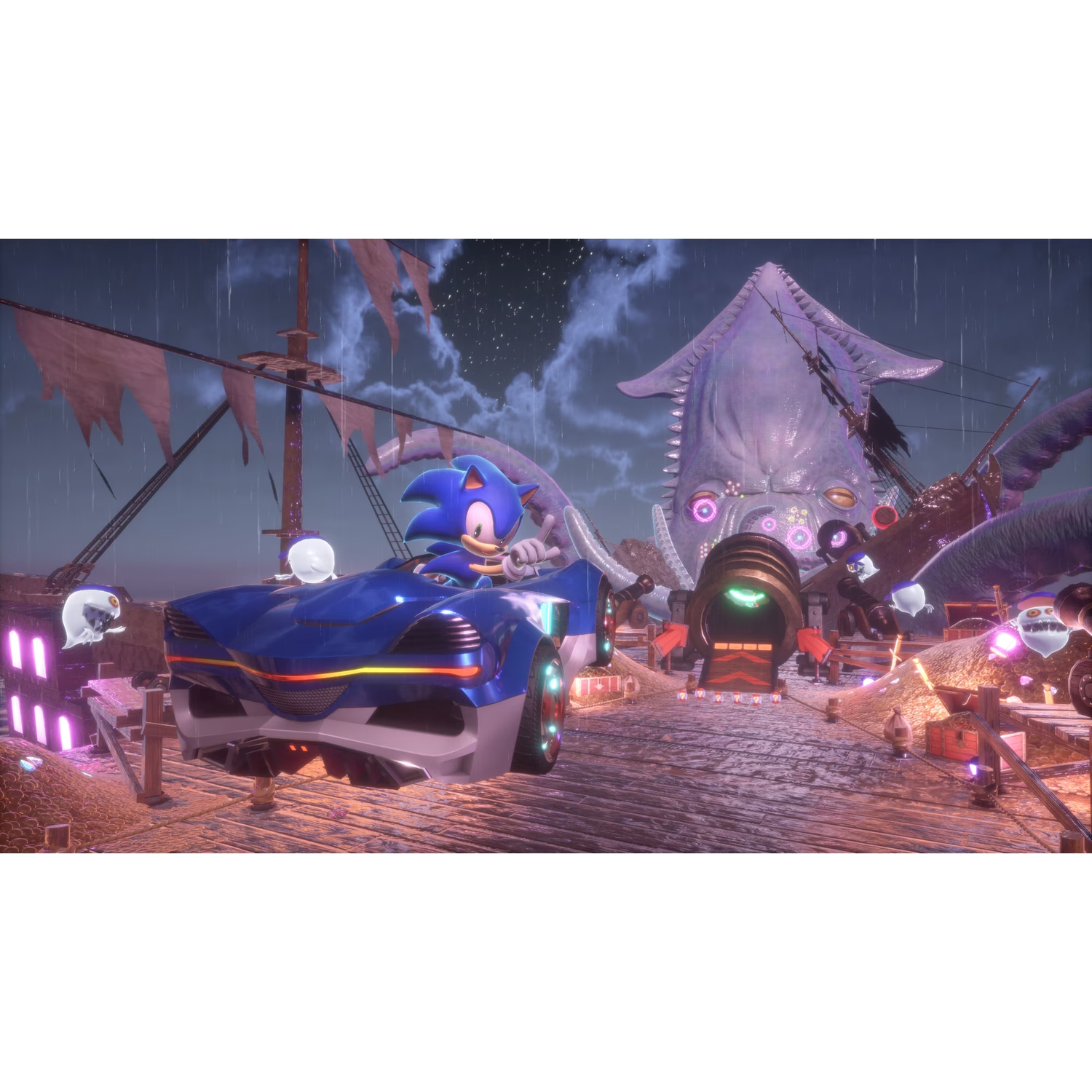Sonic rijdt in een blauwe auto op een houten pier met een gigantisch paars wezen op de achtergrond.