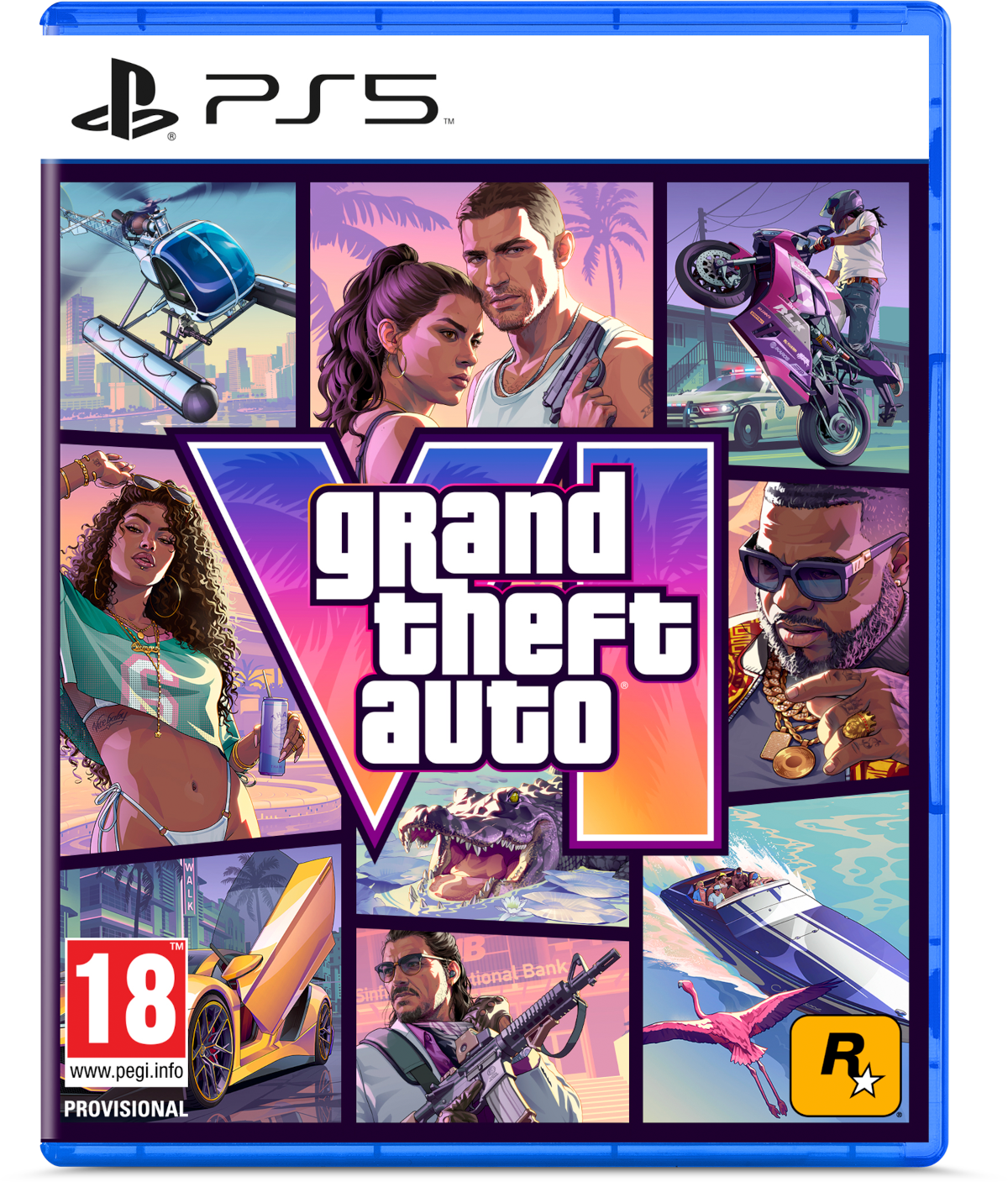 Grand Theft Auto V PS5 borító jelenetekkel: helikopter, pár, motorkerékpár, nő, krokodil, autó, csónak, flamingó.