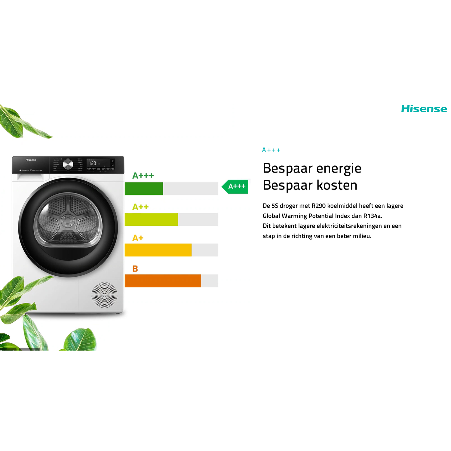 A white Hisense dryer with A+++ energy efficiency rating.