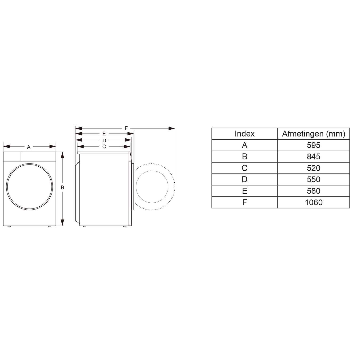Technical drawing of a washing machine with dimensions A-F and a table.