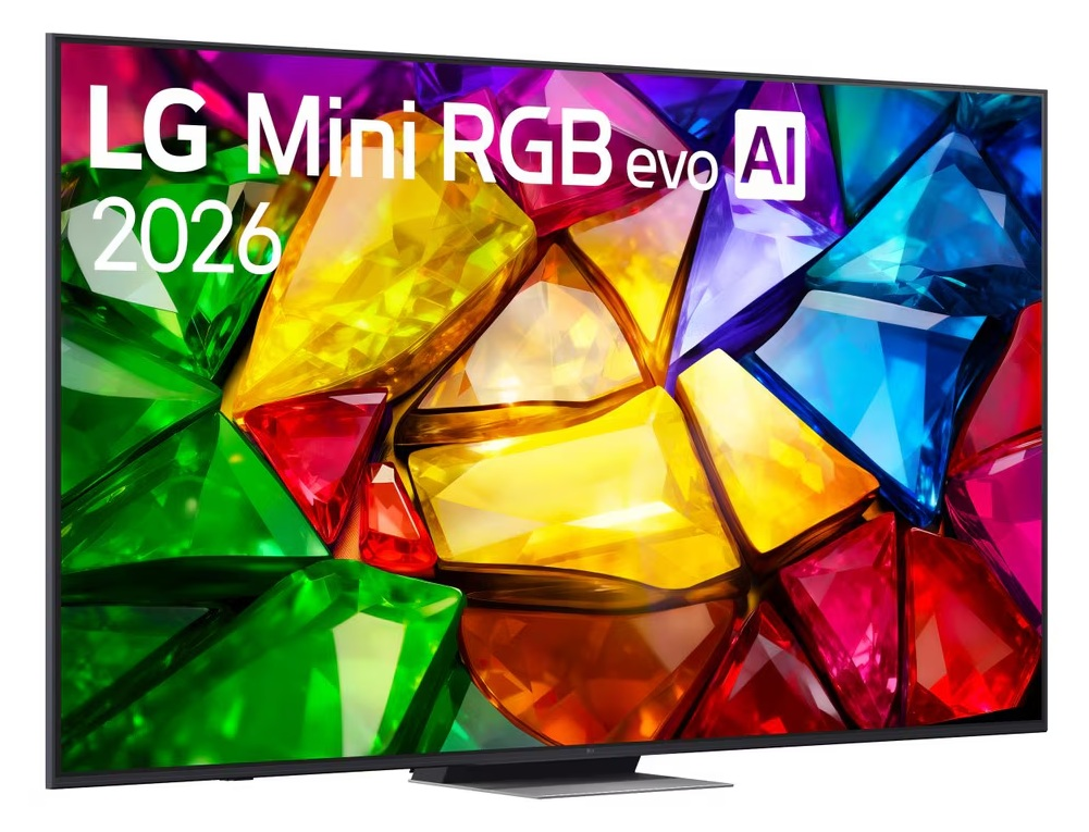 Telewizor LG Mini RGB evo AI 2026 z kolorowymi klejnotami.