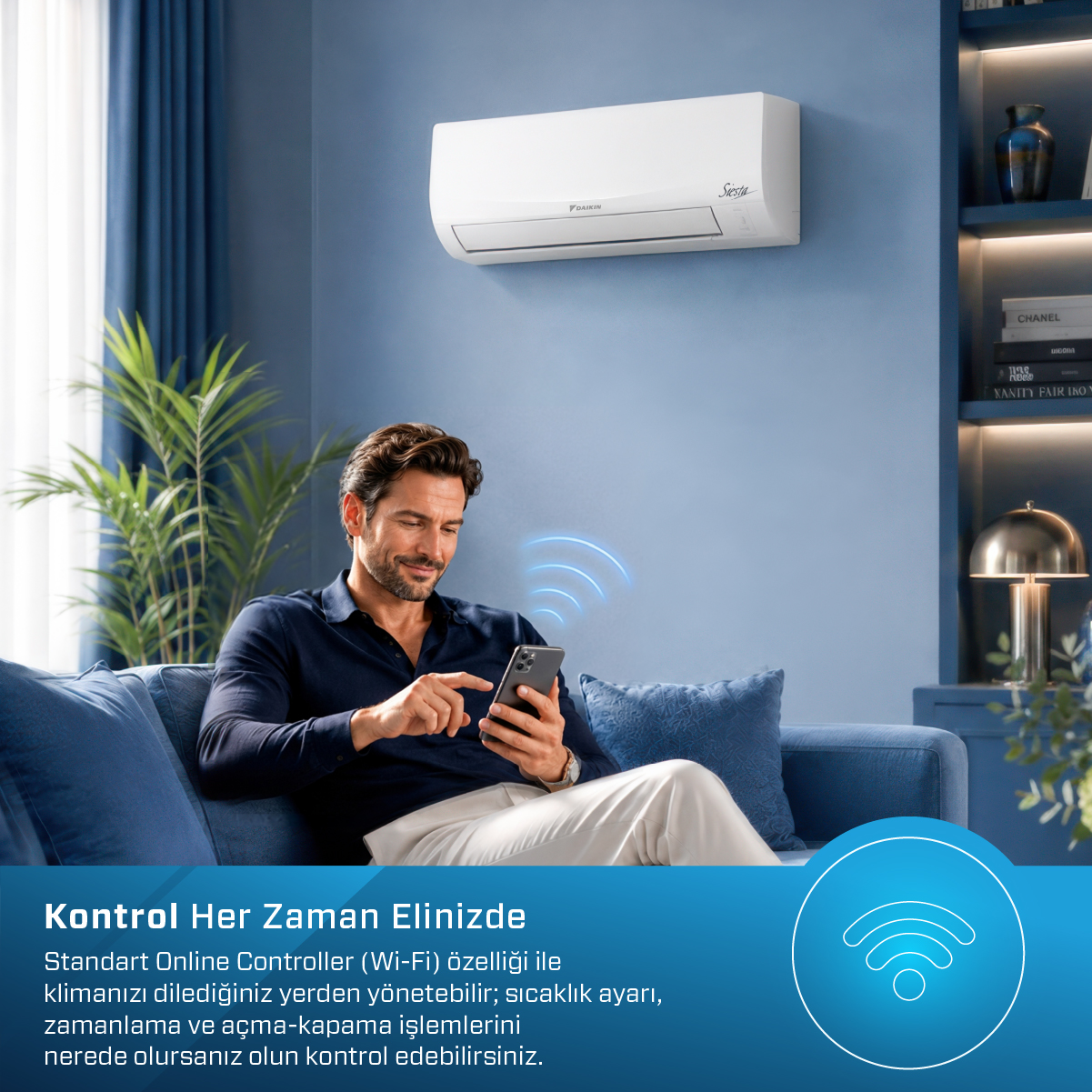 Erkek klimayı akıllı telefonla kontrol ediyor. Mavi Wi-Fi sembolü.