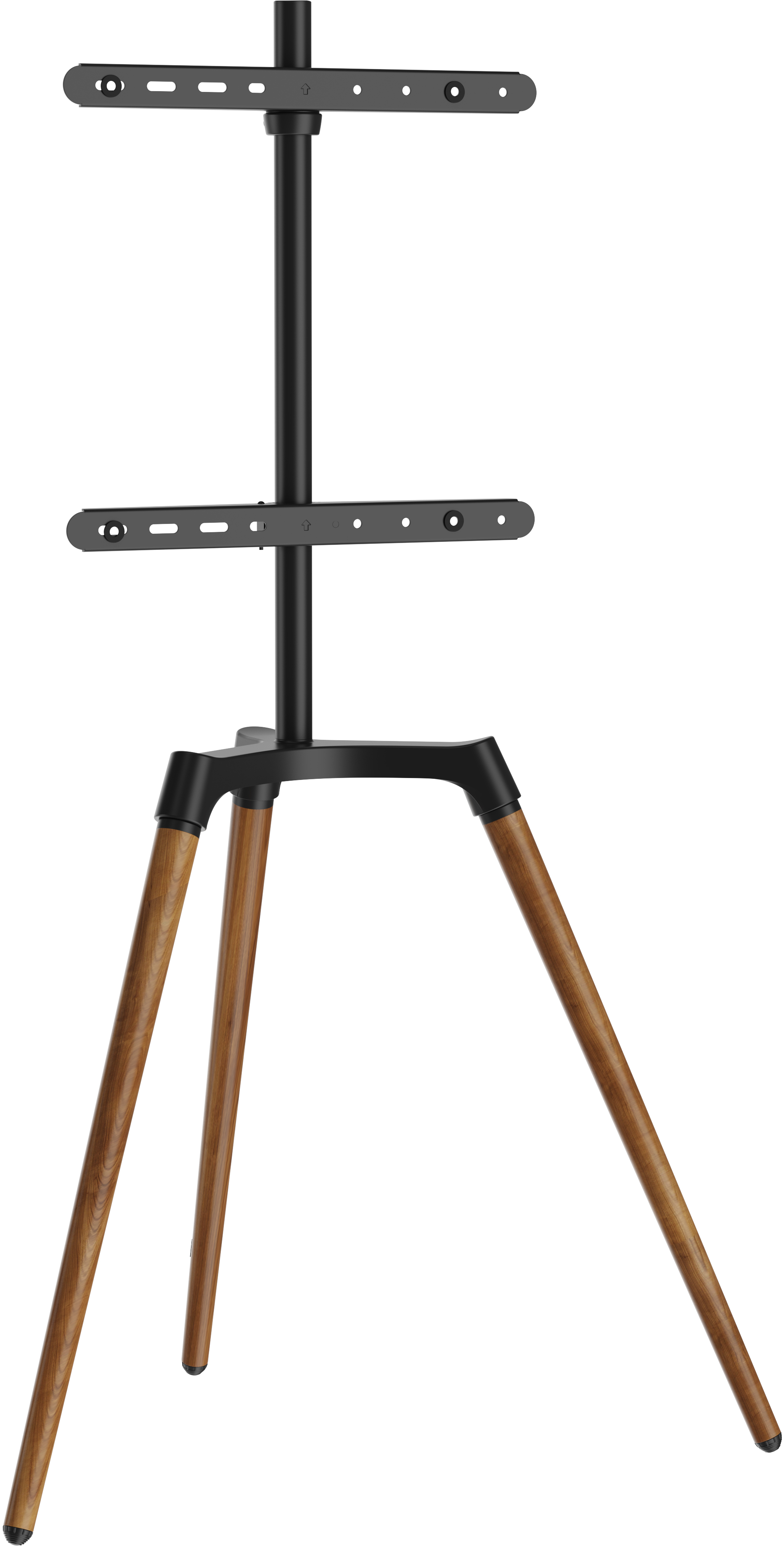 Ein schwarzer TV-Ständer mit Holzbeinen.