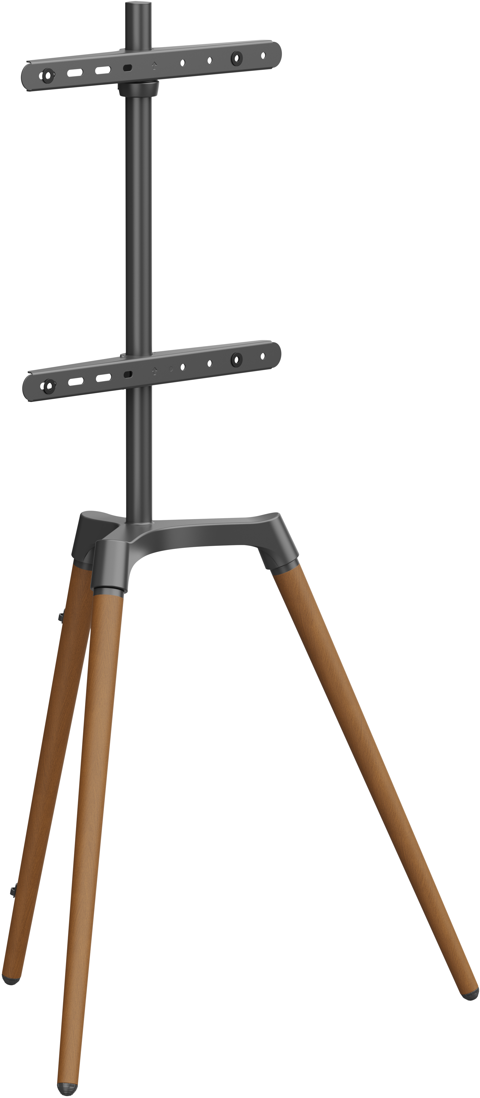 Ein dunkler, dreibeiniger TV-Ständer mit Holzbeinen und Metallhalterungen.