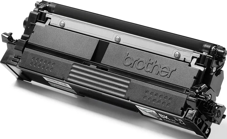 Cartuccia toner Brother nera con rullo ed etichetta.