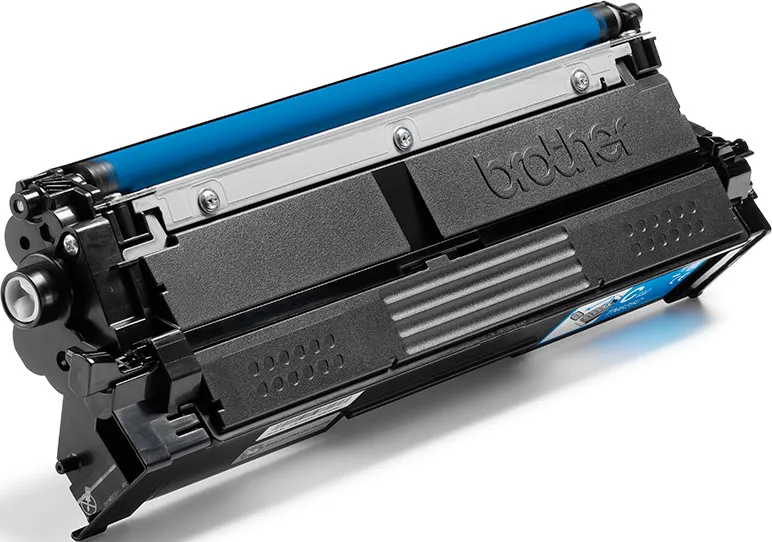 Una cartuccia toner Brother nera con rullo blu e logo Brother.
