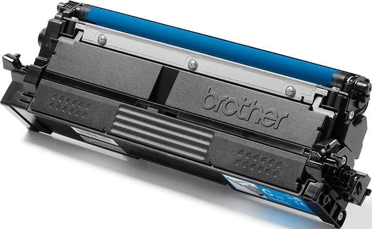 Una cartuccia toner per stampante Brother con rullo tamburo blu, vista ravvicinata.
