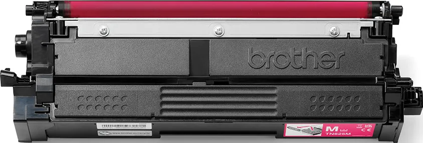Cartuccia toner Brother nera TN626M con rullo rosa e logo Brother.
