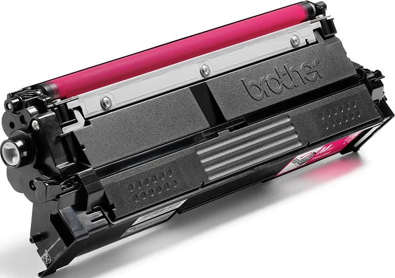 Una cartuccia tamburo toner Brother rosa con custodia nera.