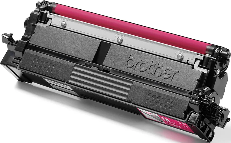 Un toner Brother rosa per stampanti, primo piano.