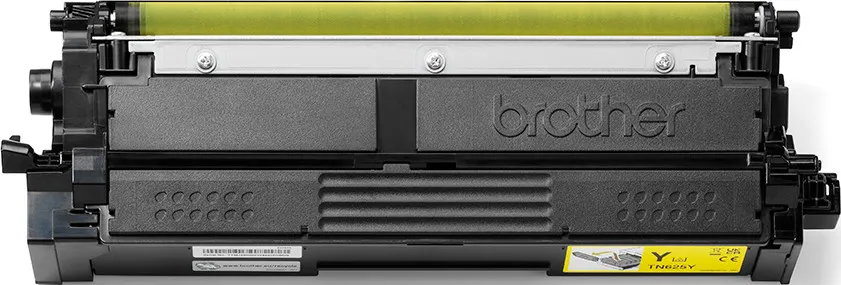 Un toner Brother giallo, modello TN625Y, con ingranaggi e logo visibili.