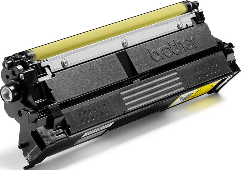 Un'unità tamburo cartuccia toner Brother gialla con viti e scanalature visibili.