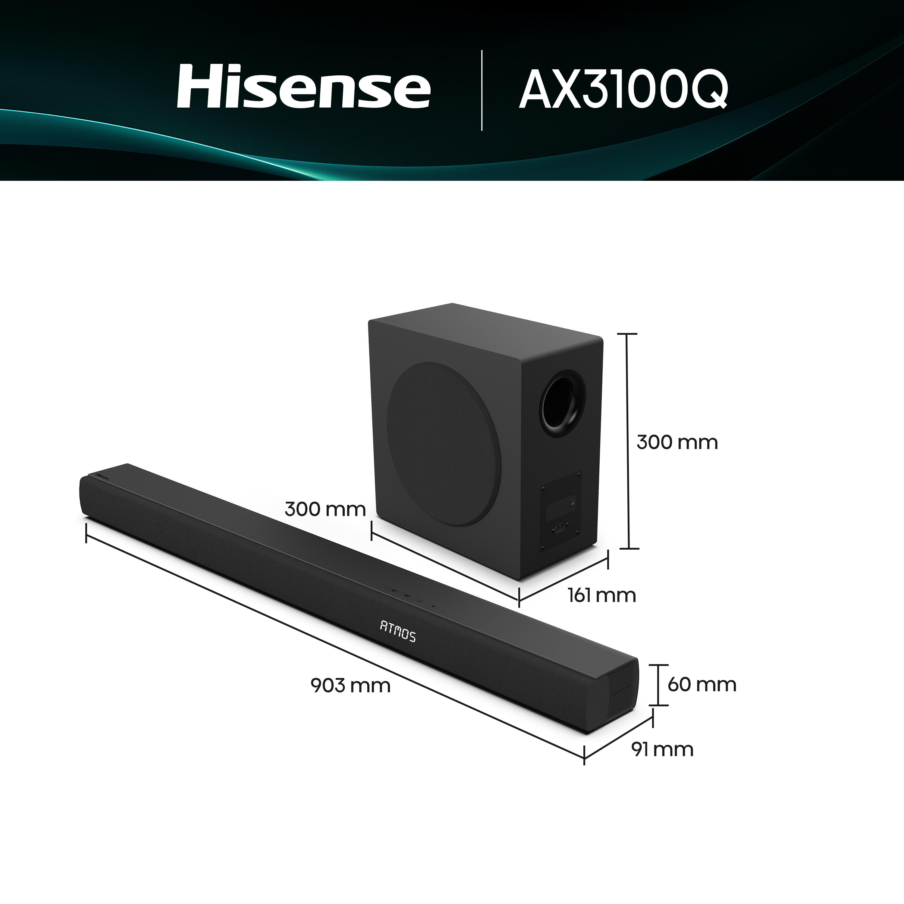 Schwarze Hisense Soundbar und Subwoofer mit Maßen.