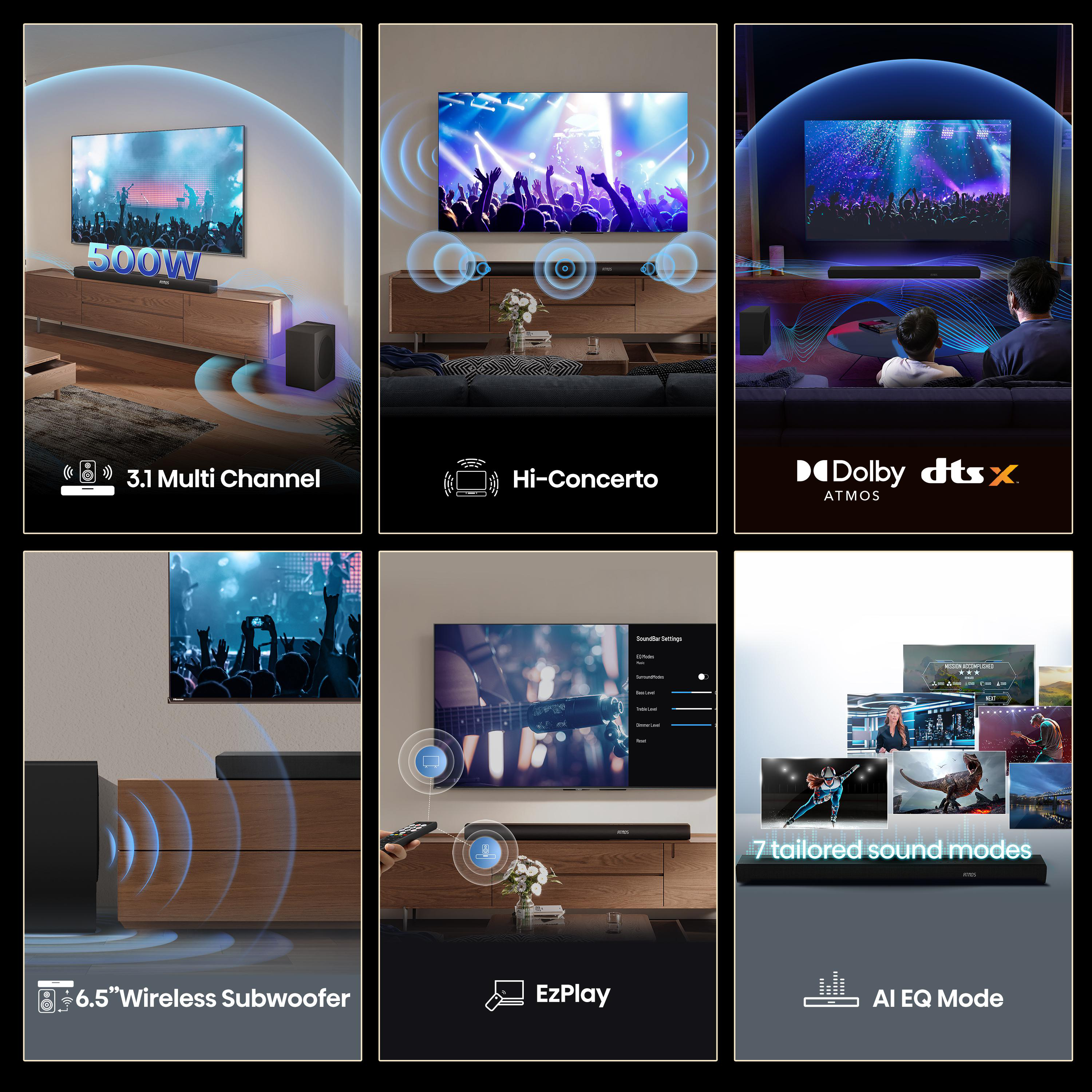 Ein Wohnzimmer mit Fernseher, Soundbar und Subwoofer, der ein Konzert zeigt.