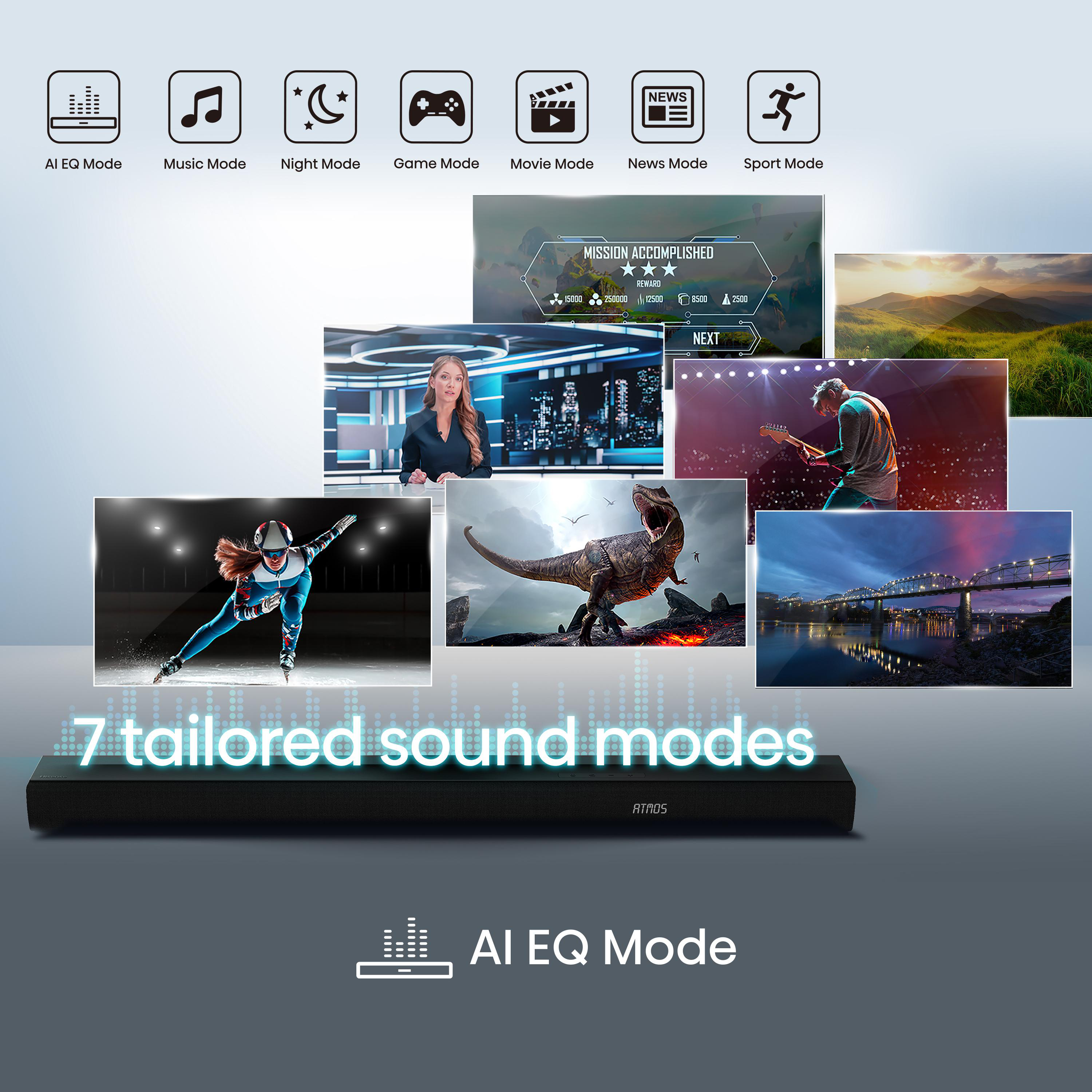 Soundbar mit Symbolen für 7 Modi: Eisläufer, Dinosaurier, Gitarrist, Brücke, Nachrichtensprecher.