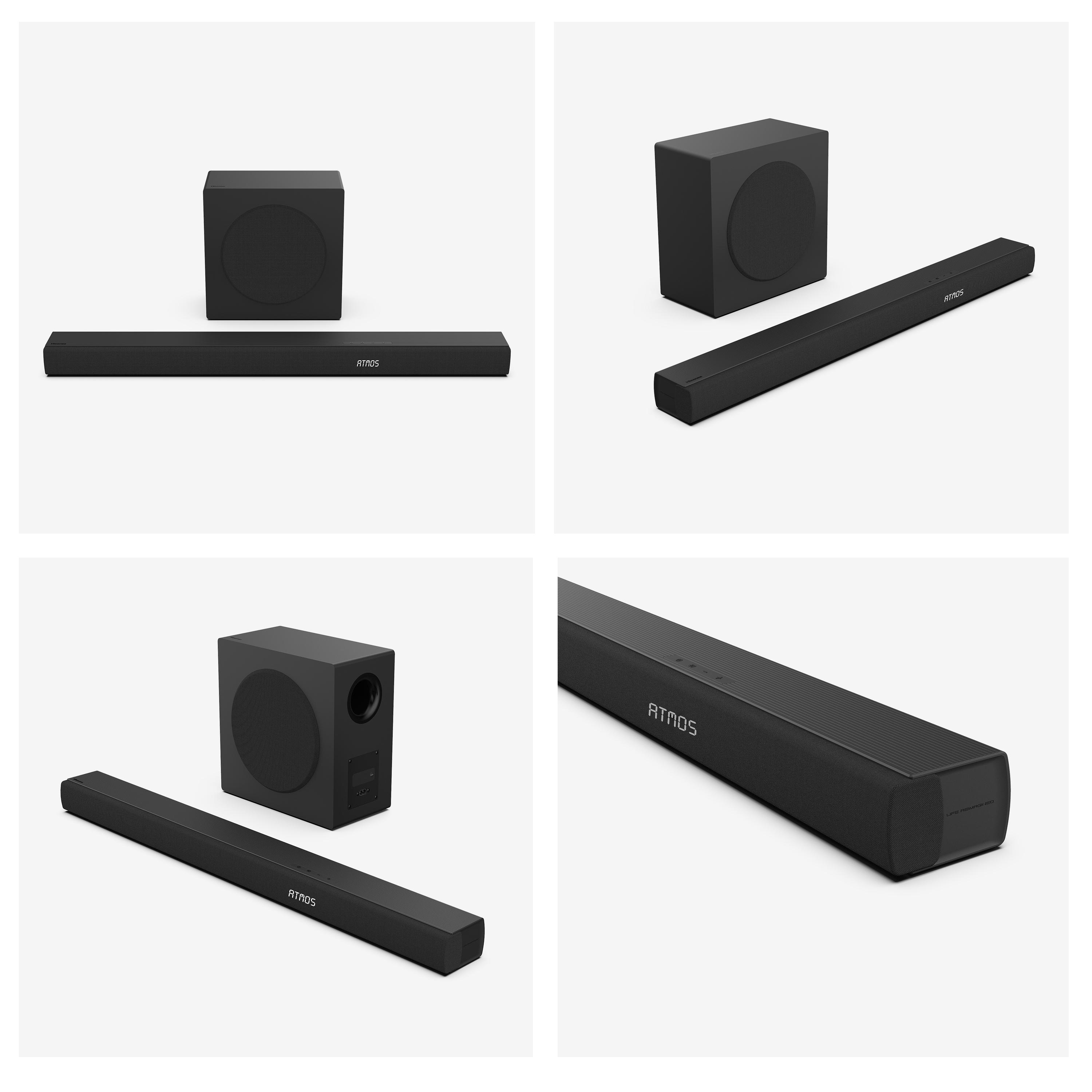 Schwarzer Subwoofer und Soundbar mit der Aufschrift ATMOS auf weißem Grund.