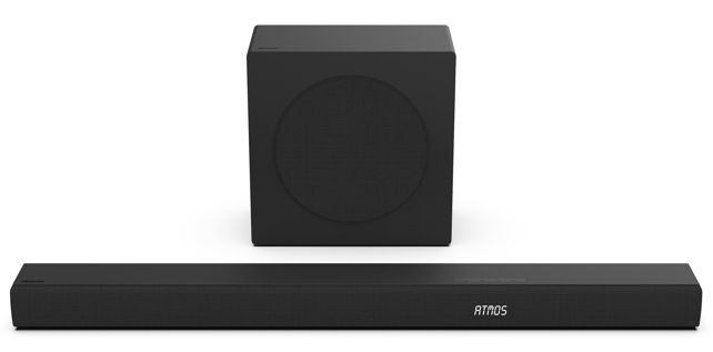 Schwarzer Subwoofer und Soundbar mit der Aufschrift "ATMOS" auf weißem Hintergrund.