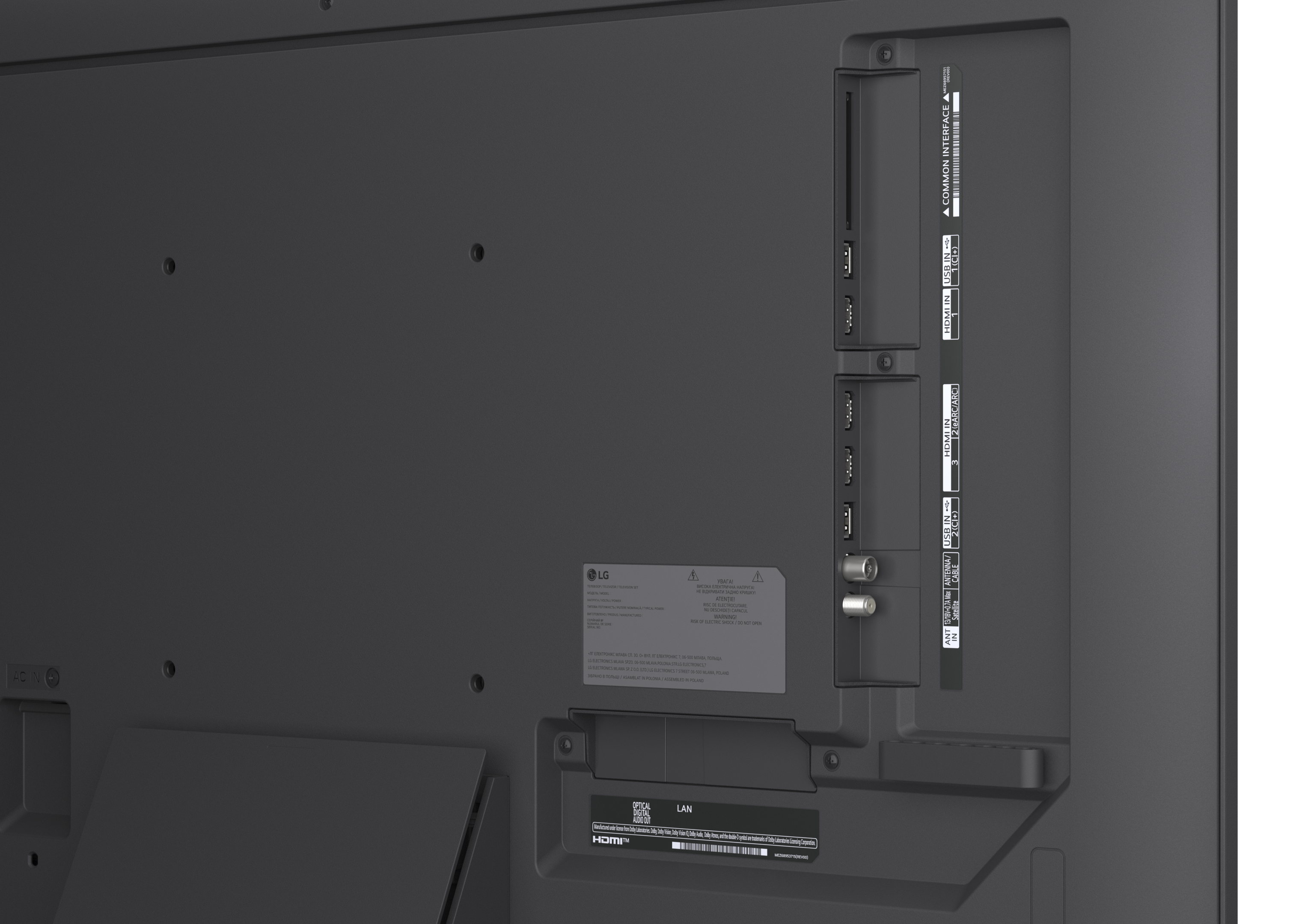 Tył telewizora z portami: HDMI, USB, LAN, Antena, Optyczny.