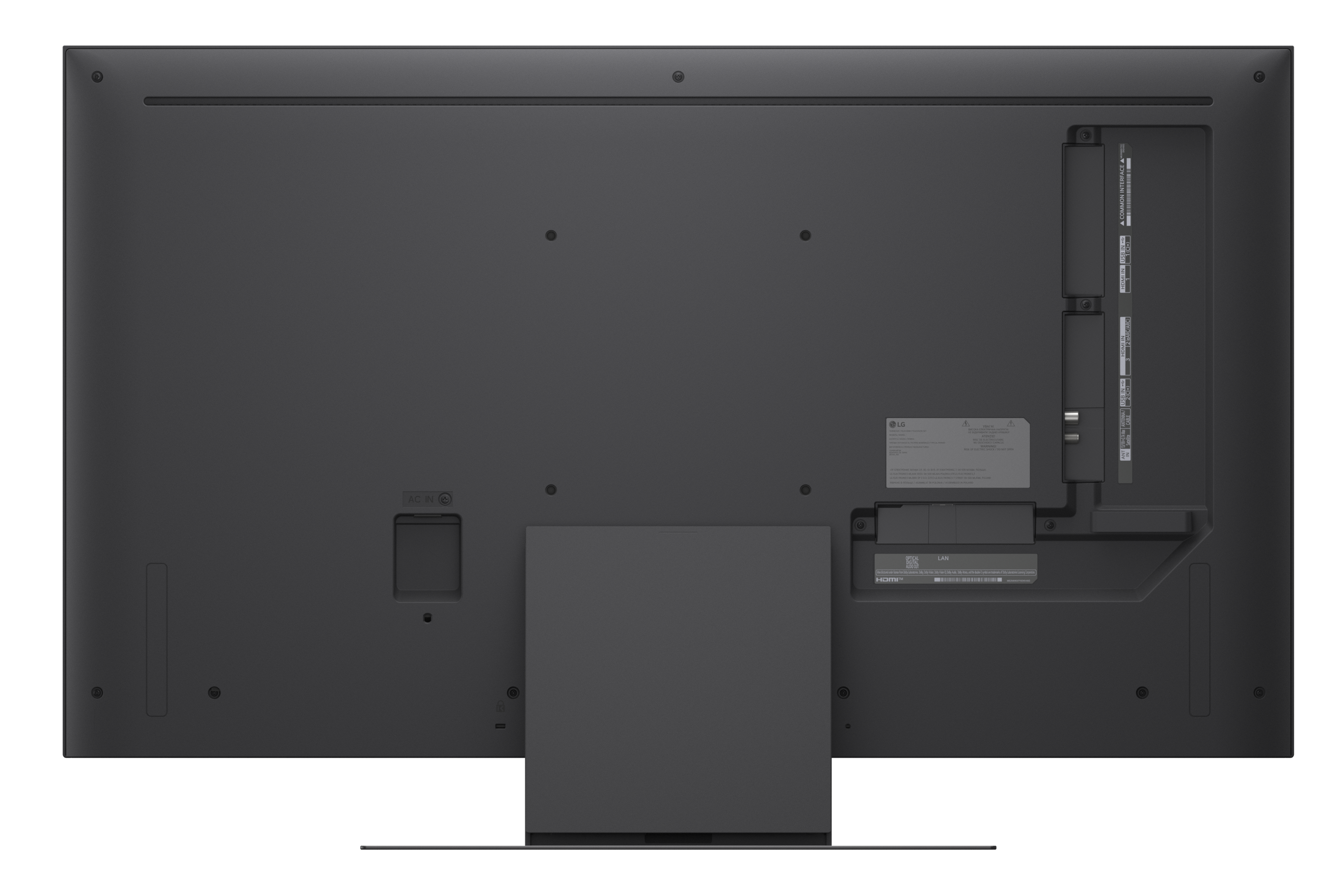 Tył czarnego telewizora z portami HDMI, USB, LAN i AC IN.