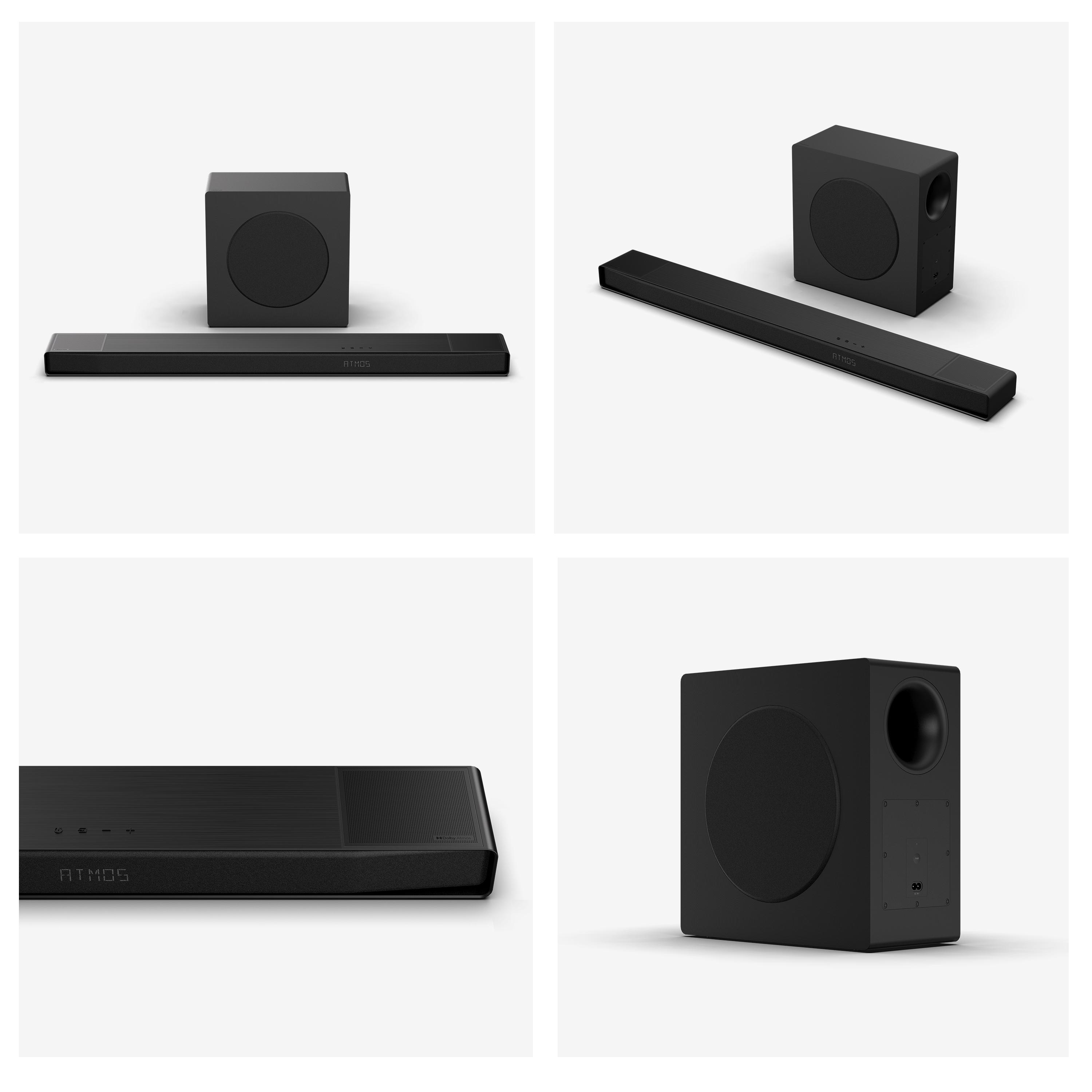 Schwarzer Dolby Atmos Soundbar und Subwoofer auf weißem Hintergrund.