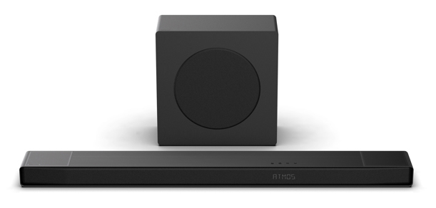 Schwarze Soundbar und Subwoofer auf weißem Hintergrund