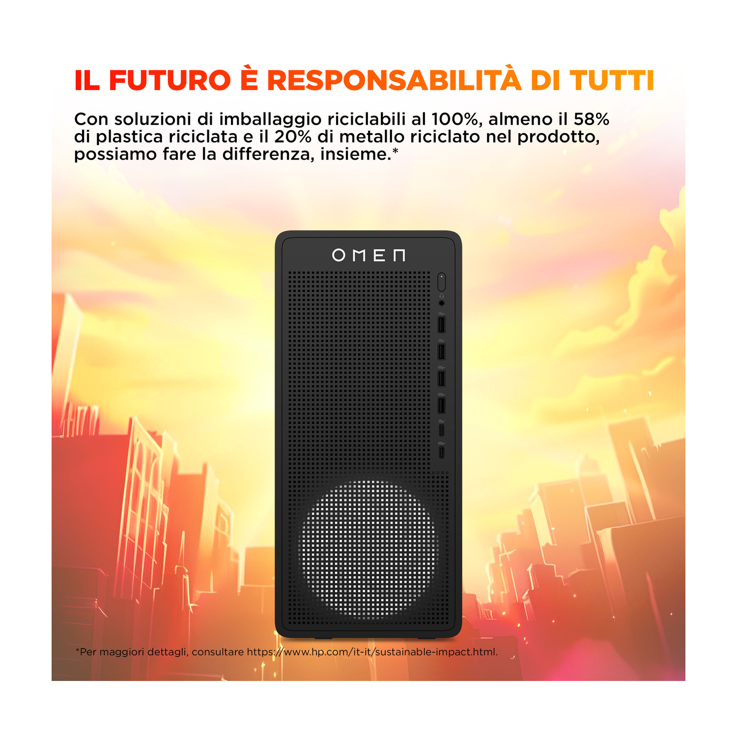 Tower PC Omen nero con pannello frontale puntinato, davanti a edifici stilizzati.