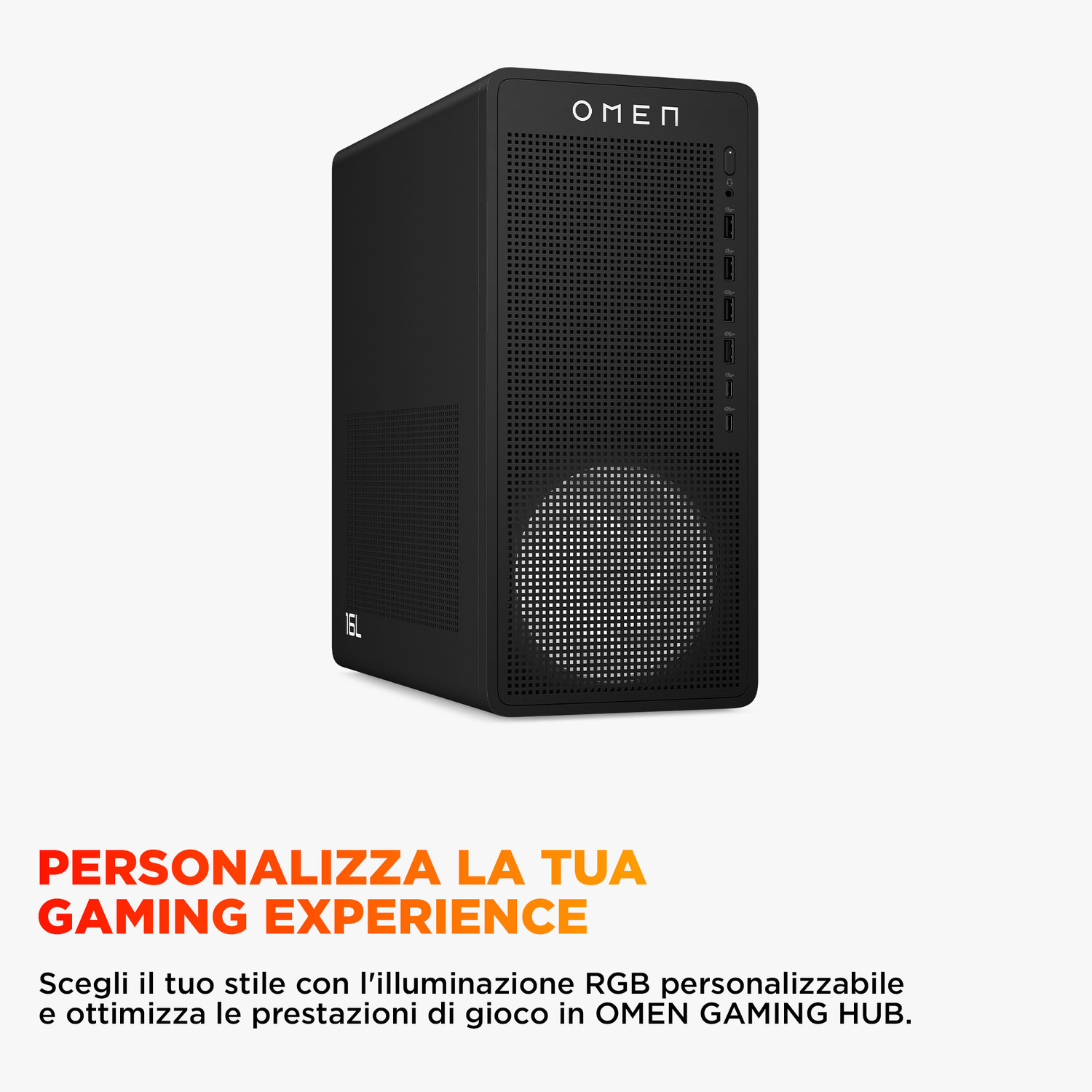 PC gaming OMEN nero con frontale forato e porte USB.