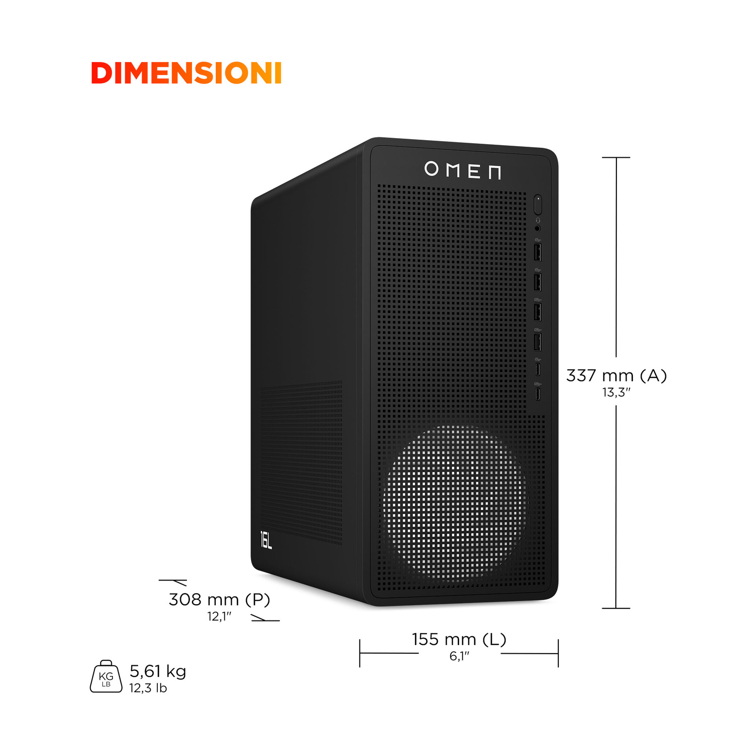 PC OMEN nero con dimensioni: 337mm A, 155mm L, 308mm P. Peso 5,61kg.