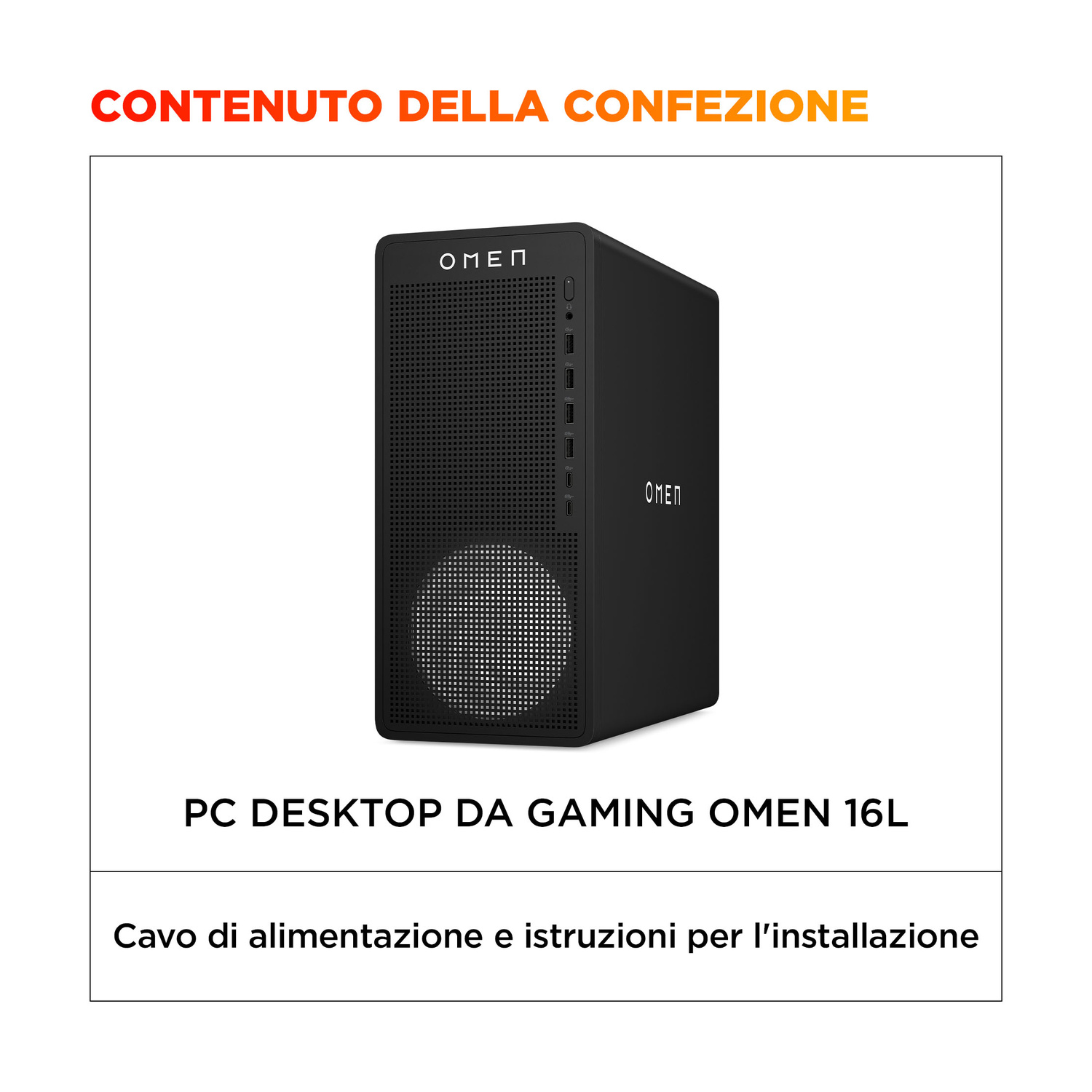 PC Desktop Gaming OMEN 16L nero con cavo e istruzioni.