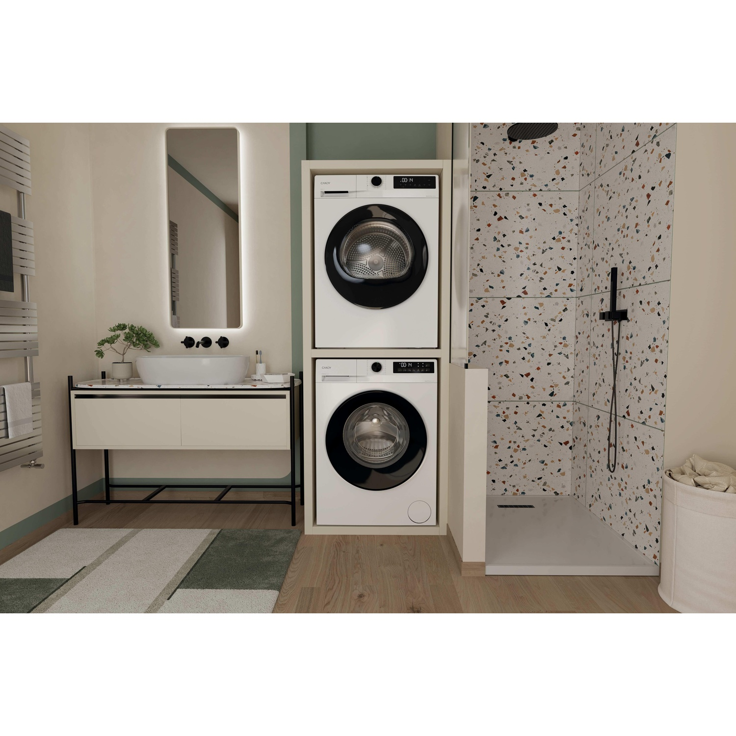 Bagno moderno con lavatrice impilata, doccia e mobile lavabo.