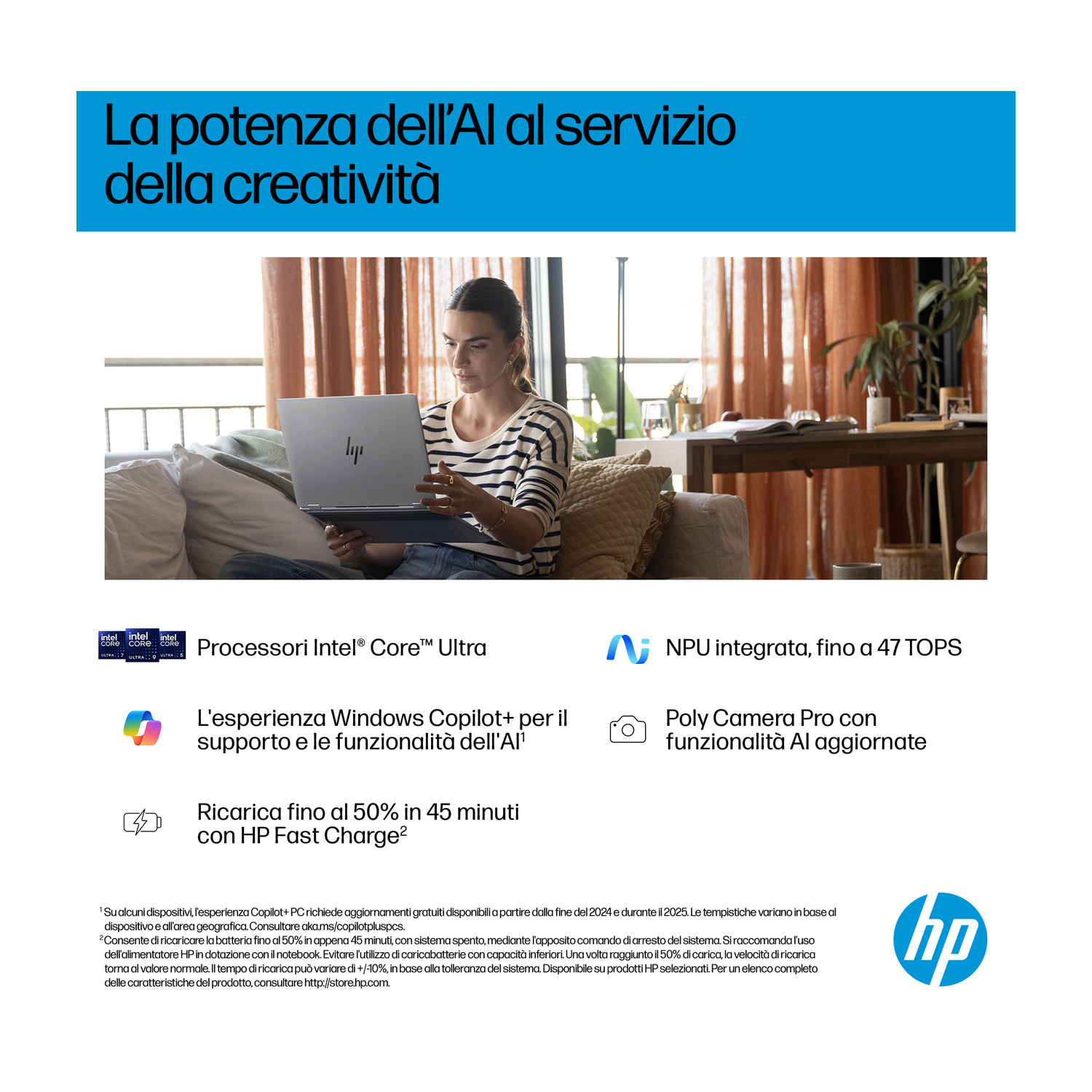 Donna usa laptop su divano, con testo su potenza AI e funzionalità HP.