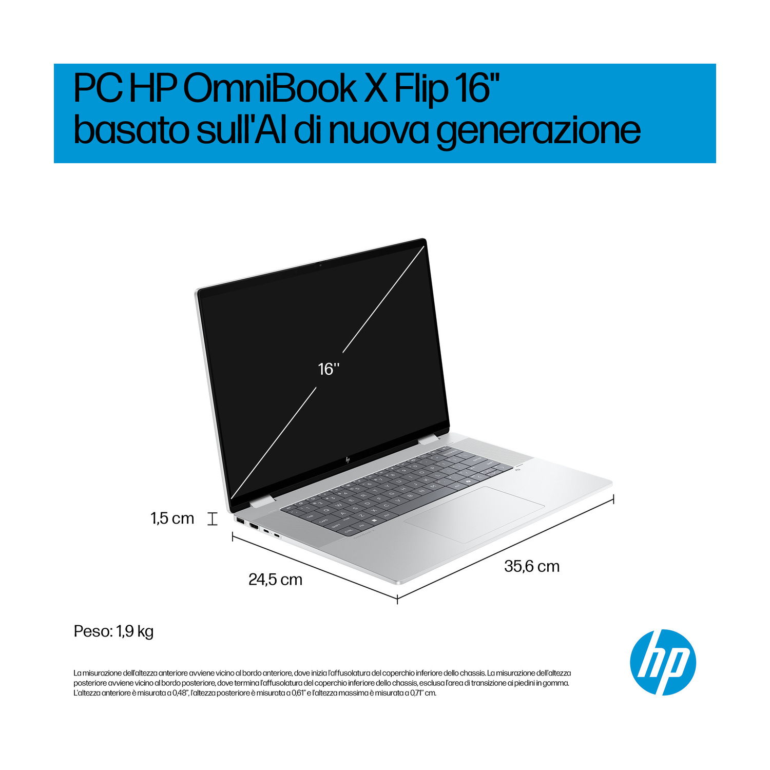 Un laptop HP OmniBook X Flip 16" argento con tastiera e touchpad.