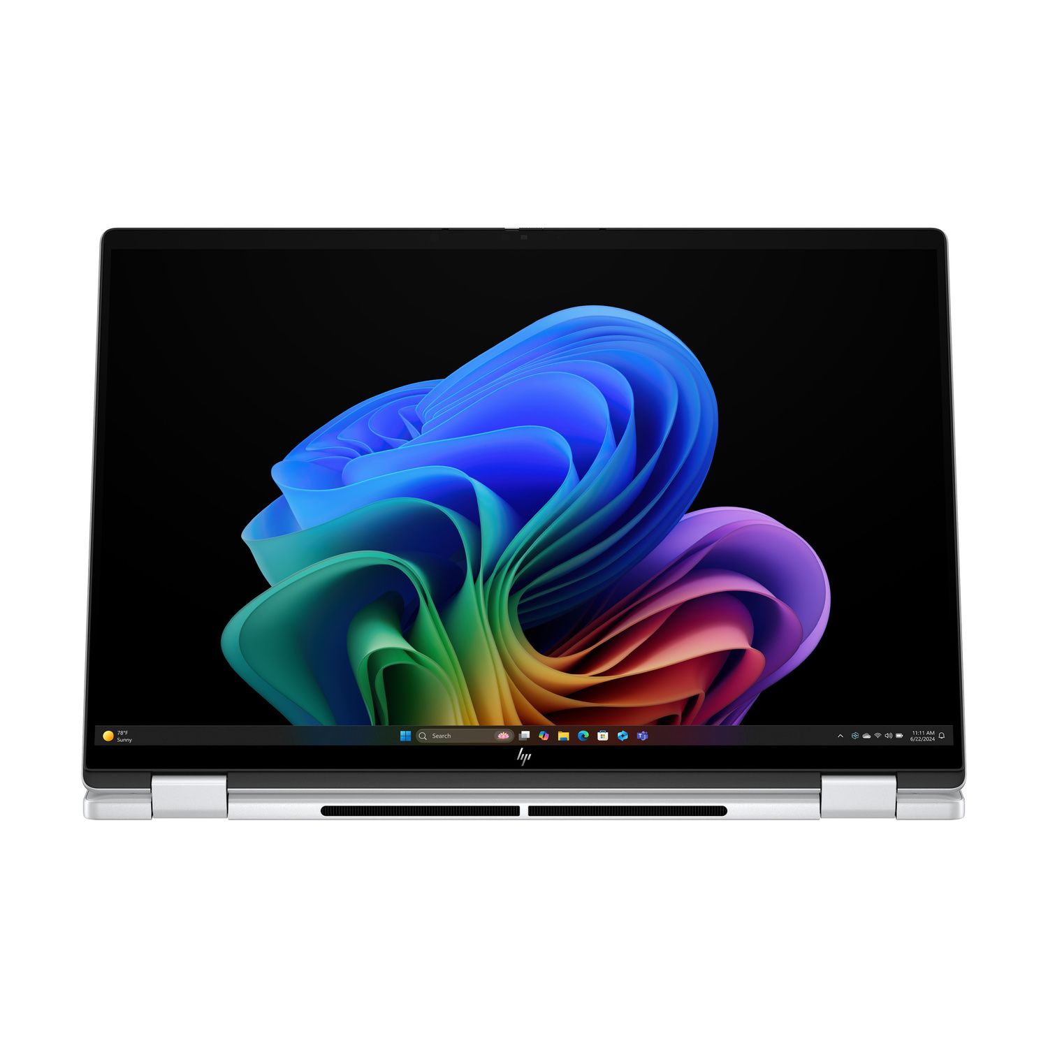 Un laptop aperto con uno sfondo astratto e colorato sullo schermo.
