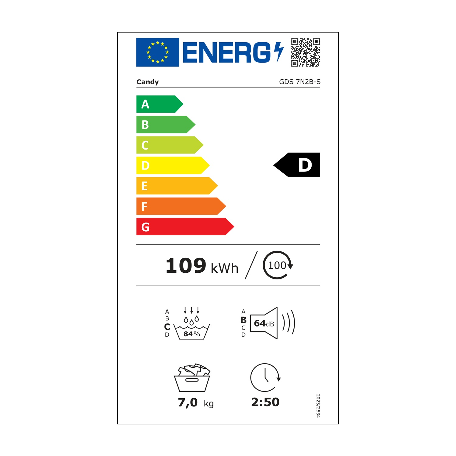 Etichetta energetica lavatrice Candy: Classe D, 109 kWh/100 cicli, 84% centrifuga, 7kg, 64dB, durata ciclo 2:50.