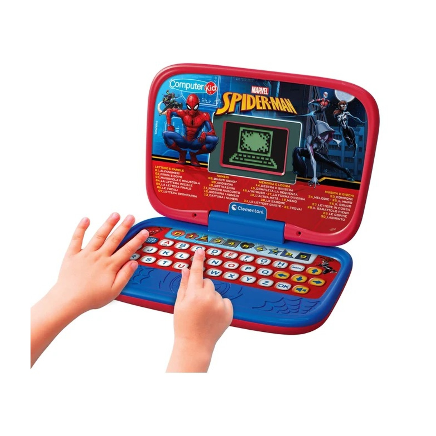 Un computer portatile per bambini a tema Spider-Man, tastiera e schermo.
