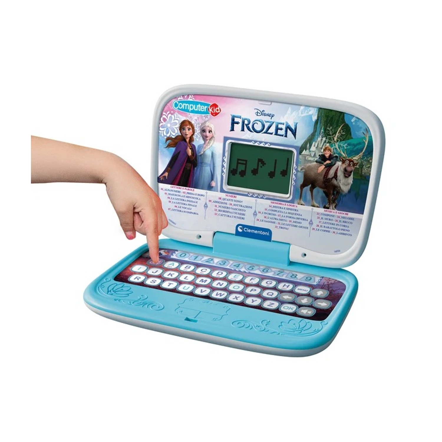 Un bambino gioca con un laptop giocattolo blu di Frozen, con tastiera e schermo visibili.